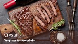  Presentation with steak - PPT theme enhanced with grilled beef steak on wooden board and red wine top view flat lay background and a tawny brown colored foreground