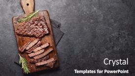  Presentation with grilled - Slide set featuring media prime black angus ribeye - grilled beef steak on wooden background and a dark gray colored foreground