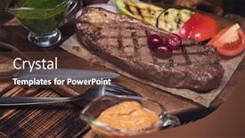  Presentation with steak - PPT layouts having grilled-beef-steak-with-sauce background and a tawny brown colored foreground