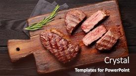  Presentation with steak - Presentation enhanced with grilled-beef-steak-with-spices background and a tawny brown colored foreground