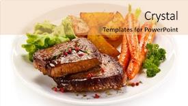  Presentation with flame nutrition beef steaks - PPT theme with grilled beef steaks and vegetables background and a yellow colored foreground