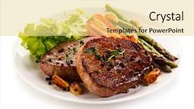  Presentation with flame nutrition beef steaks - Slide deck having grilled beef steaks with asparagus background and a blonde colored foreground