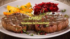  Presentation with flame nutrition beef steaks - Presentation design featuring grilled beef steaks with potatoes background and a tawny brown colored foreground