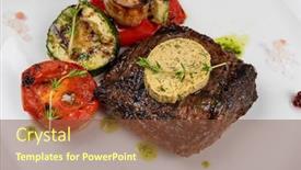  Presentation with white plate - Slide set enhanced with grilled-black-angus-strip-loin background and a tawny brown colored foreground