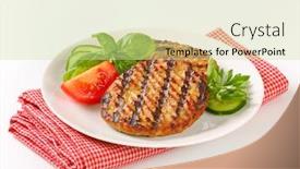  Presentation with linen - Audience pleasing theme consisting of grilled burger with cucumber and tomato on a plate with folded linen backdrop and a soft green colored foreground