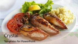  Presentation with porcelain - Audience pleasing slides consisting of grilled calamari with rice in porcelain plate backdrop and a red colored foreground