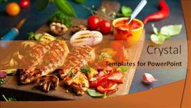  Presentation with bbq chicken - PPT theme enhanced with grilled-chicken-breasts-and-different background and a gold colored foreground