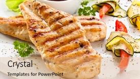 Presentation with grilled chicken - PPT theme with grilled chicken breasts and vegetables background and a coral colored foreground