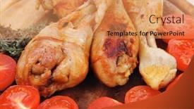  Presentation with grilled chicken - Slide deck consisting of grilled chicken drumstick with tomatoes and thyme on wooden plate isolated over white background background and a coral colored foreground
