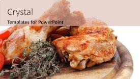  Presentation with thyme - Presentation design with grilled chicken drumstick with tomatoes and thyme on wooden plate isolated over white background background and a coral colored foreground