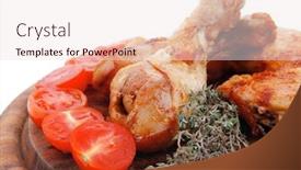  Presentation with grilled chicken - Colorful presentation theme enhanced with grilled chicken drumstick with tomatoes and thyme on wooden plate isolated over white background backdrop and a sky blue colored foreground