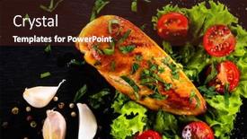  Presentation with grilled chicken - Colorful presentation design enhanced with grilled chicken fillet and vegetables on black stone plate backdrop and a tawny brown colored foreground