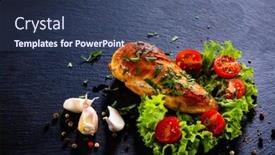  Presentation with grilled chicken - PPT theme having grilled chicken fillet and vegetables on black stone plate background and a ocean colored foreground