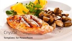  Presentation with grilled chicken - Audience pleasing PPT theme consisting of grilled-chicken-fillet-and-vegetables backdrop and a coral colored foreground