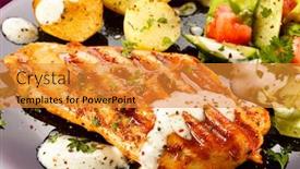  Presentation with grilled chicken - Amazing PPT theme having grilled-chicken-fillet-baked-potatoes backdrop and a gold colored foreground