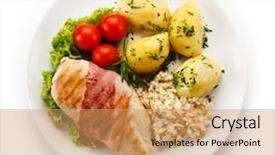  Presentation with grilled chicken - Slide deck featuring grilled chicken fillet with potatoes background and a coral colored foreground
