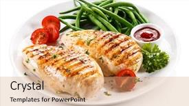  Presentation with chicken little - PPT theme having grilled chicken fillets and vegetables background and a coral colored foreground