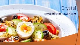  Presentation with grilled chicken - Amazing PPT theme having grilled chicken meat with groats and boiled egg on wooden table backdrop and a light blue colored foreground