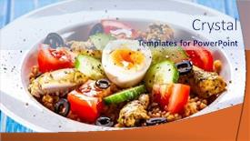  Presentation with grilled chicken - Beautiful slide deck featuring grilled chicken meat with groats and boiled egg on wooden table backdrop and a light blue colored foreground