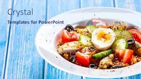  Presentation with grilled chicken - Colorful slide set enhanced with grilled chicken meat with groats and boiled egg on wooden table backdrop and a sky blue colored foreground