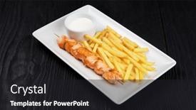  Presentation with fried chicken - PPT layouts consisting of grilled-chicken-shashlik-meat background and a dark gray colored foreground