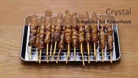  Presentation with grilled chicken - Presentation design enhanced with grilled-chicken-skin-skewers-tori background and a  colored foreground