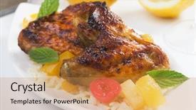  Presentation with tropical fruit - Colorful theme enhanced with grilled chicken wings with cooked rice and tropical fruit backdrop and a gold colored foreground