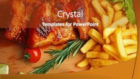  Presentation with grilled chicken - Slides with grilled chicken wings with french fries and garden-stuff on cutting board background and a tawny brown colored foreground