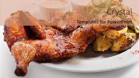  Presentation with grilled chicken - Audience pleasing PPT theme consisting of grilled chicken with vegetables and sauce backdrop and a coral colored foreground