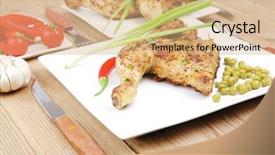  Presentation with quarter - PPT layouts with grilled chickens grilled quarter chicken garnished with green sweet peas and cutlery on white plates over wooden table background and a coral colored foreground