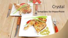  Presentation with quarter - Presentation theme consisting of grilled chikens grilled quarter chicken garnished with green sweet peas and cutlery on white plates over wooden table background and a lemonade colored foreground