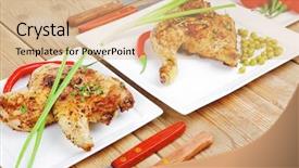  Presentation with quarter - Presentation design enhanced with grilled chikens grilled quarter chicken garnished with green sweet peas and cutlery on white plates over wooden table background and a coral colored foreground