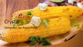  Presentation with corn cobs - Presentation with grilled corn cobs on wooden background and a gold colored foreground