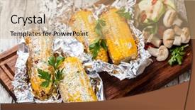  Presentation with corn cobs - Presentation theme enhanced with grilled corn cobs on wooden background and a coral colored foreground