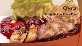  Presentation with duck - Slide set consisting of grilled duck meat with cherry background and a gold colored foreground
