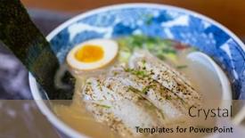  Presentation with japanese ramen - Presentation design consisting of grilled-fish-soup-japanese-ramen background and a coral colored foreground