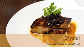  Presentation with international buffet - Beautiful PPT theme featuring grilled-foie-gras-grilled-duck backdrop and a gold colored foreground