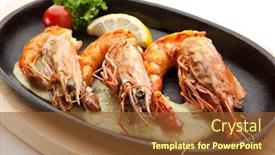  Presentation with foods - Slide set enhanced with grilled foods - grilled shrimps with sauce garnished with lemon and cherry tomato background and a tawny brown colored foreground