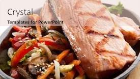  Presentation with foods - Presentation design enhanced with grilled foods - salmon steak with vegetables garnished with lemon and parsley background and a lemonade colored foreground