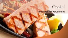  Presentation with foods - Presentation design having grilled foods - salmon steak with vegetables garnished with lemon and parsley background and a coral colored foreground