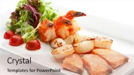  Presentation with foods - Beautiful PPT theme featuring salmon shrimps plate - grilled foods - seafood backdrop and a coral colored foreground