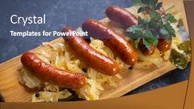  Presentation with grilled - PPT theme consisting of grilled-german-sausage-links-served background and a ocean colored foreground
