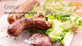  Presentation with sausages - Audience pleasing theme consisting of grilled-german-sausages-serve backdrop and a coral colored foreground
