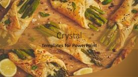  Presentation with puff pastry - Audience pleasing PPT theme consisting of grilled-green-asparagus-and-cheese backdrop and a gold colored foreground