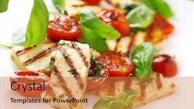  Presentation with grilled - PPT theme featuring grilled halloumi cheese and roasted background and a coral colored foreground