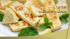  Presentation with white cheese - Audience pleasing slides consisting of grilled-halloumi-cheese-with-lemon backdrop and a yellow colored foreground