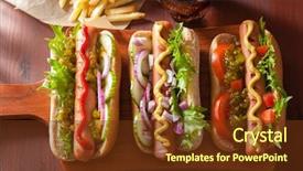 Presentation with ketchup - Slide set enhanced with grilled hot dogs with vegetables background and a tawny brown colored foreground