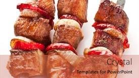  Presentation with kebab - Presentation theme featuring skewers meat kebabs vegetables - grilled kebab shashlik on spits background and a red colored foreground