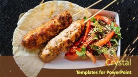  Presentation with kebab - Audience pleasing PPT theme consisting of grilled-kebab-with-salad-top backdrop and a tawny brown colored foreground