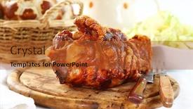  Presentation with pork shredded on grill banana - Theme with grilled knuckle of pork with bread rolls and lettuce salad background and a red colored foreground